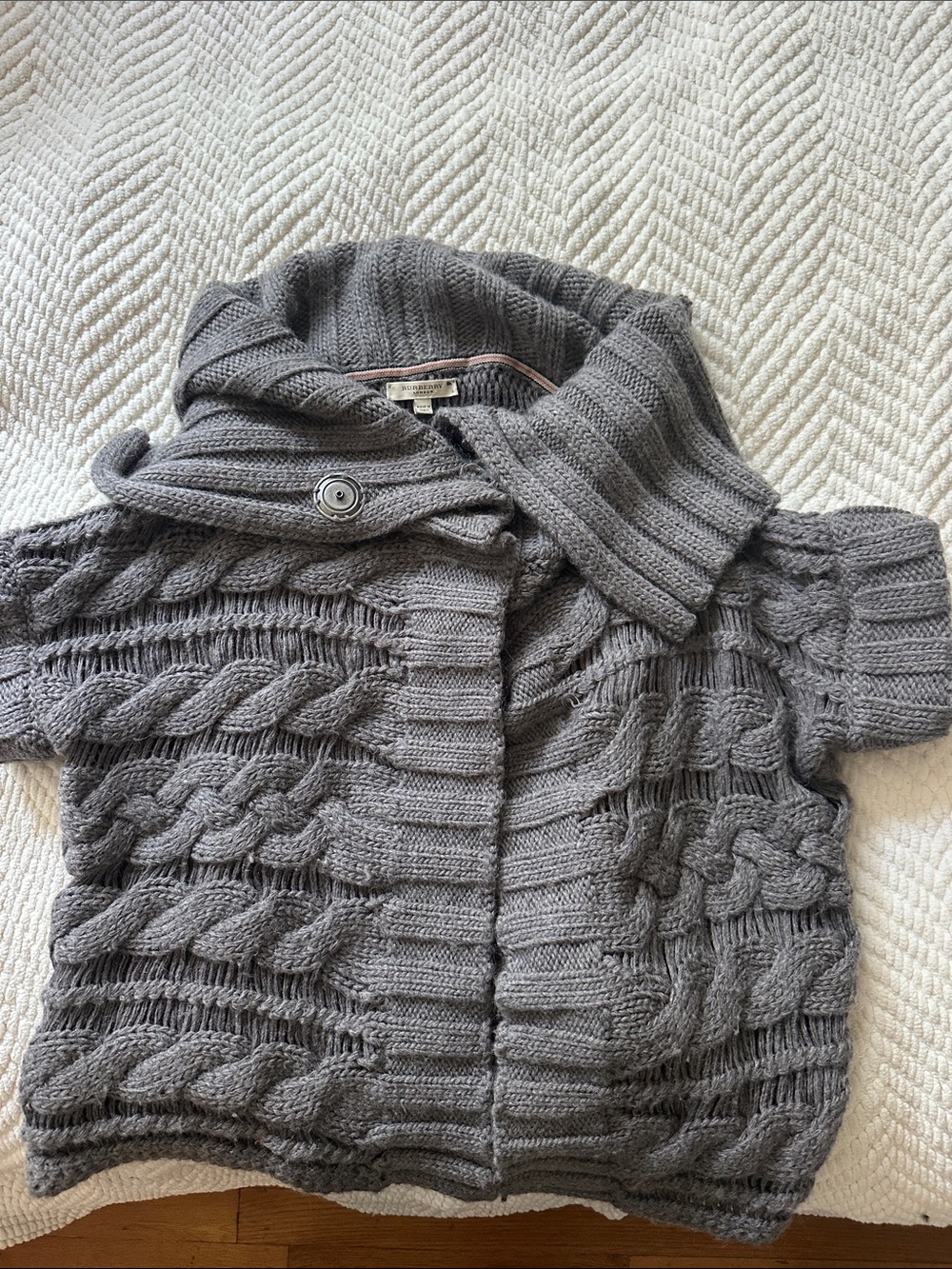 Burberry Cozy Gray Cable Knit Women's Sweater with Shawl Collar